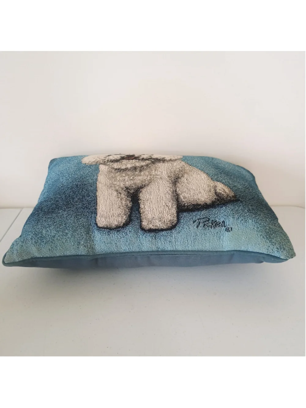 Linda Picken Bichon Frise Dog Blue Tapestry Throw Decor Pillow